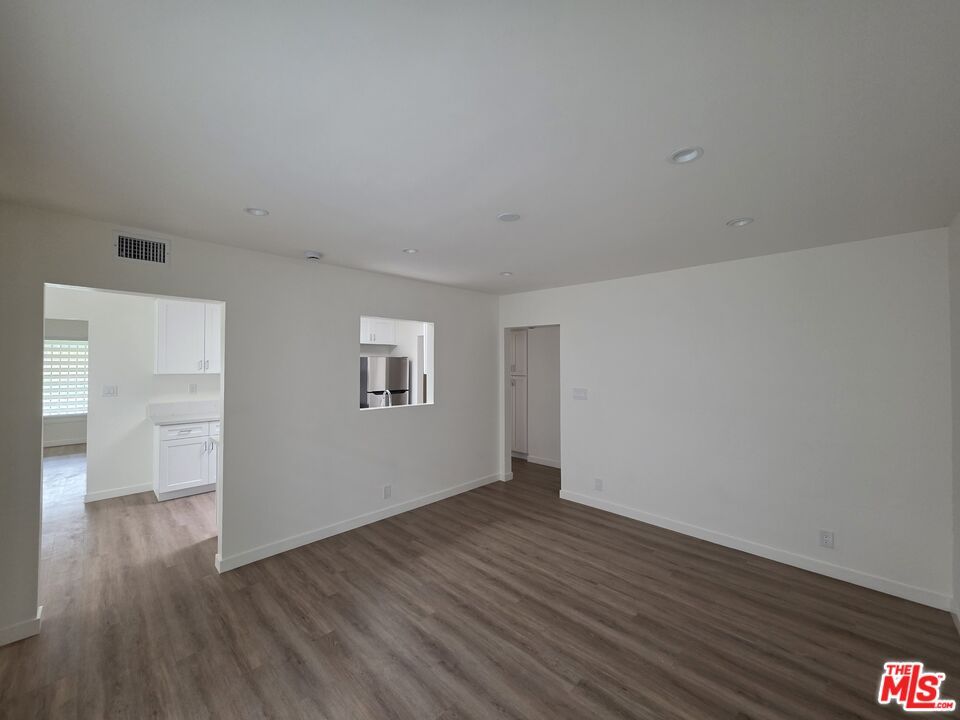 Empty room, Interior, Kitchen, Recessed Lighting, Wood Texture Flooring