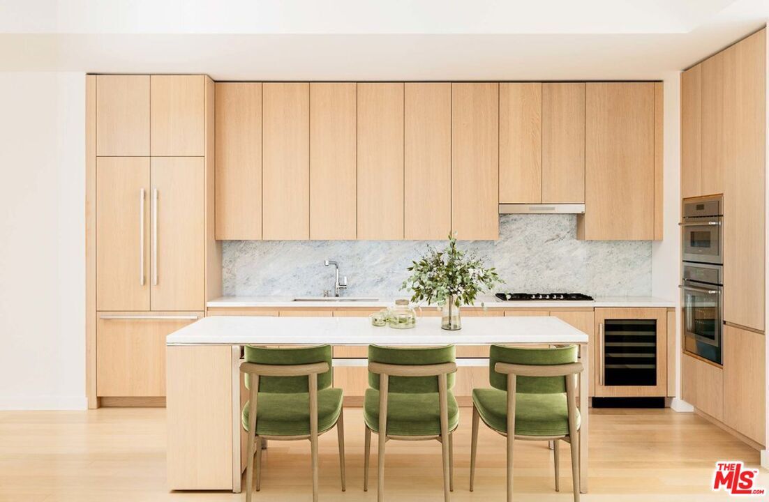 Interior, Kitchen, Marble Walls, Stainless Steel Appliances, Wood Texture Flooring