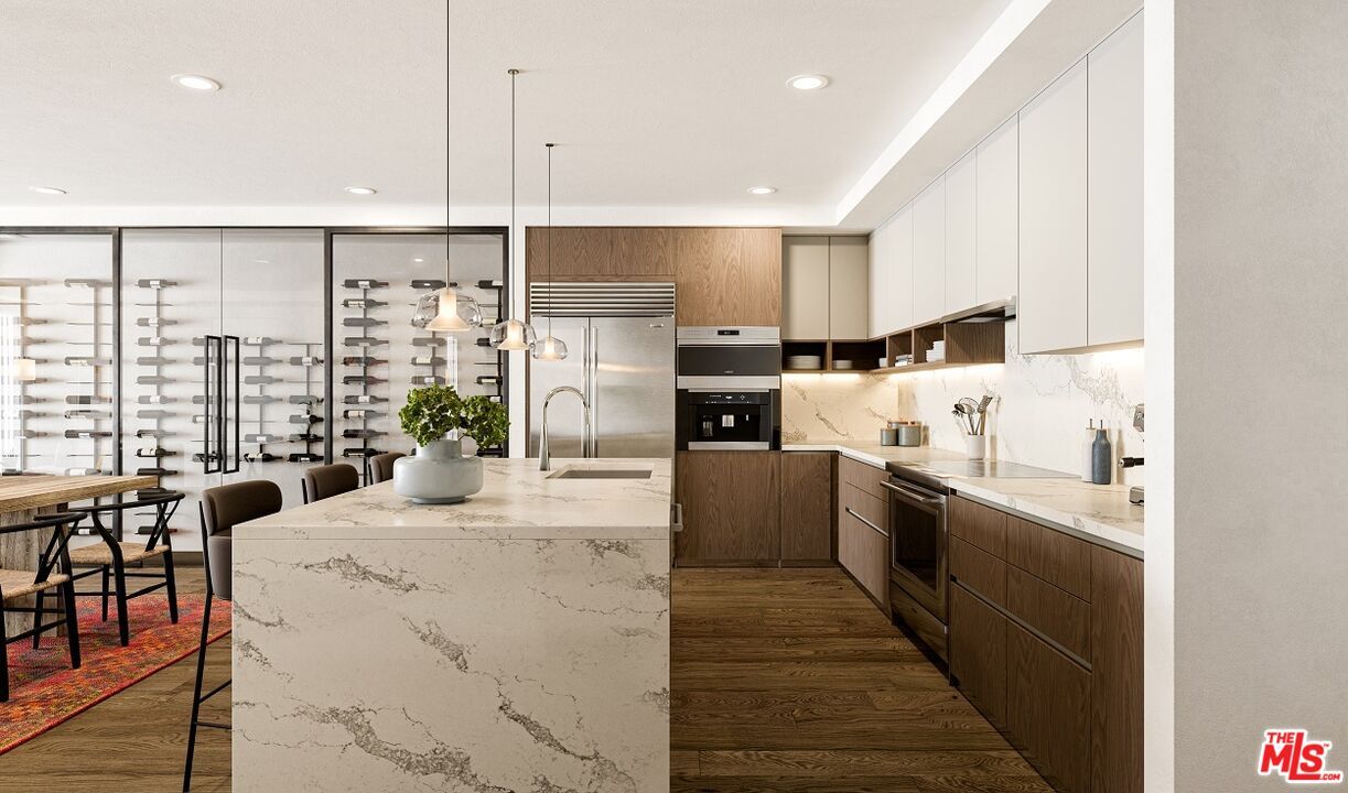 Interior, Kitchen, Pendant Lights, Recessed Lighting, Stainless Steel Appliances, Wine Storage, Wood Texture Flooring