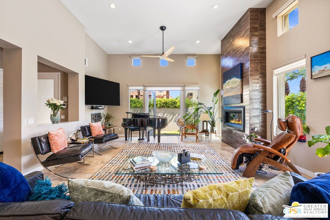 Fireplace, Interior, Living room, Piano, Recessed Lighting, Stone Walls