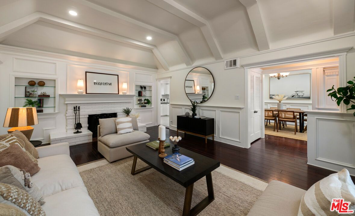 Dining room, Fireplace, Interior, Living room, Recessed Lighting, Wood Texture Flooring