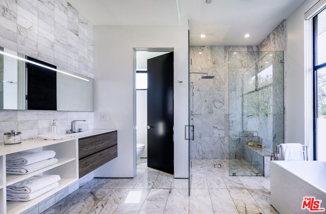 Bathroom, Glass Shower, Interior, Marble, Marble Walls, Recessed Lighting