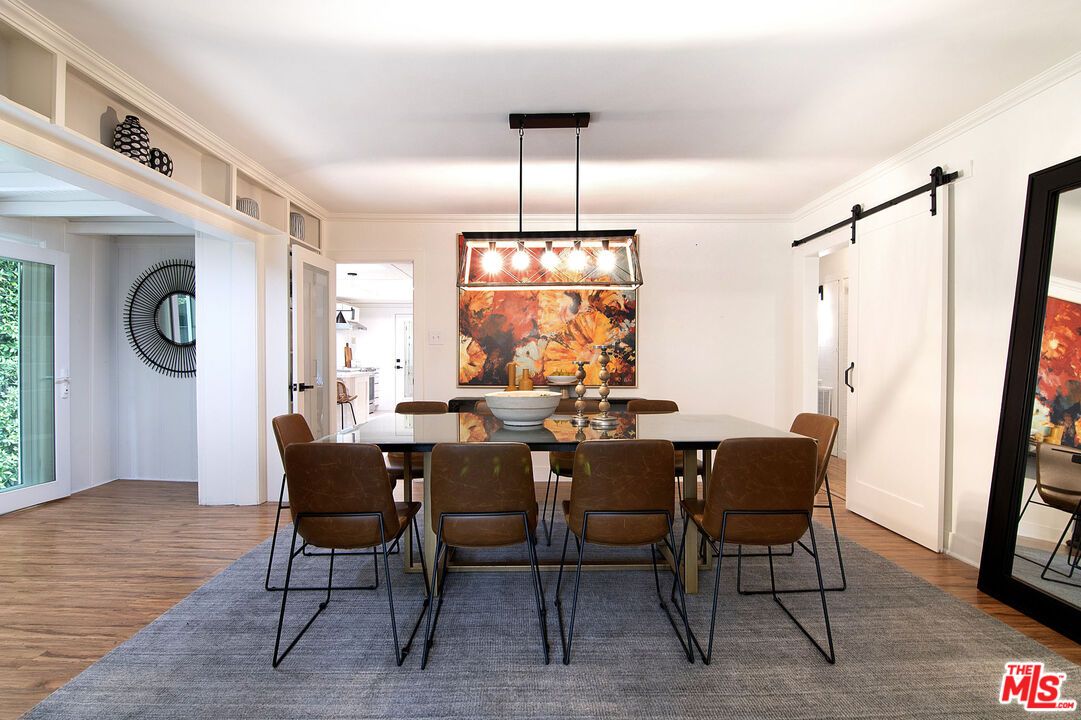 Dining room, Interior, Pendant Lights, Wood Texture Flooring