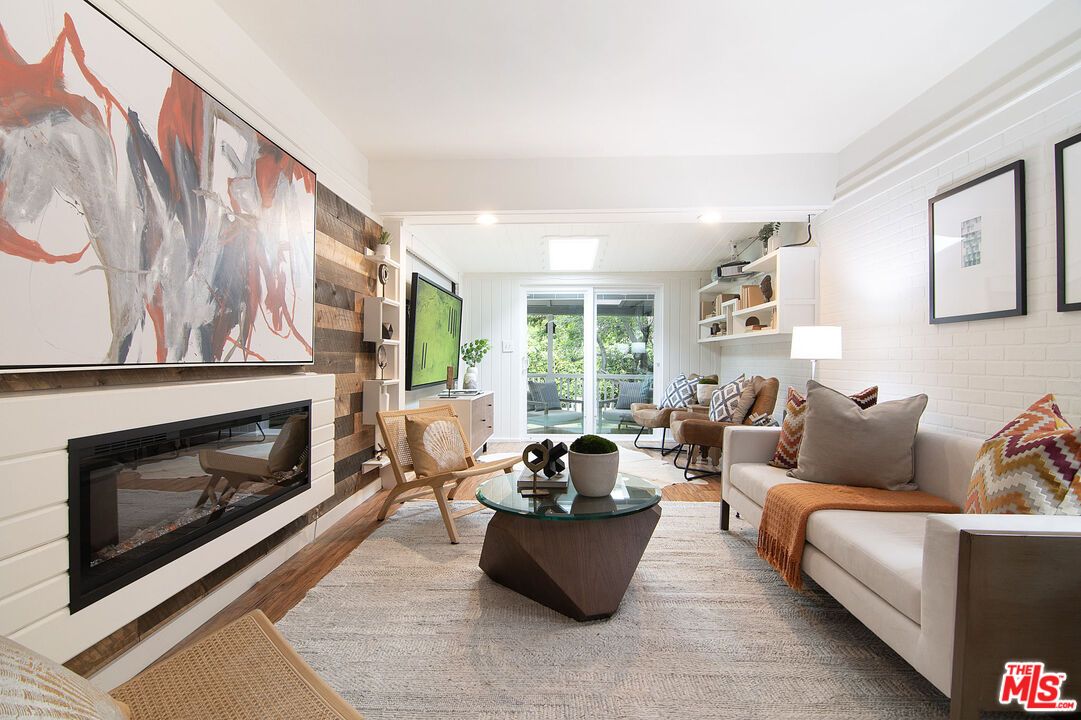 Fireplace, Interior, Living room, Recessed Lighting, Wood Texture Flooring, Wooden Walls