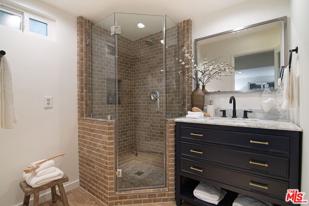 Bathroom, Glass Shower, Interior, Recessed Lighting, Stone Walls