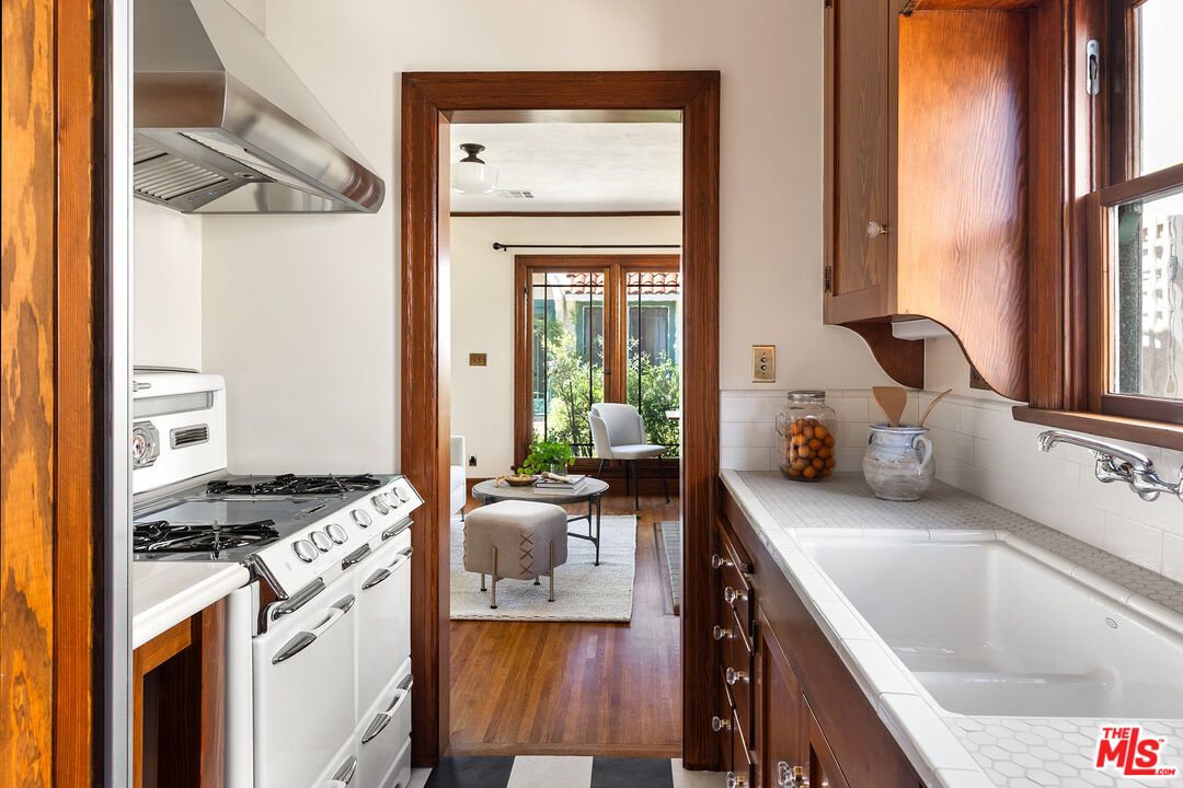 Interior, Kitchen, Tile Countertops, Wood Texture Flooring