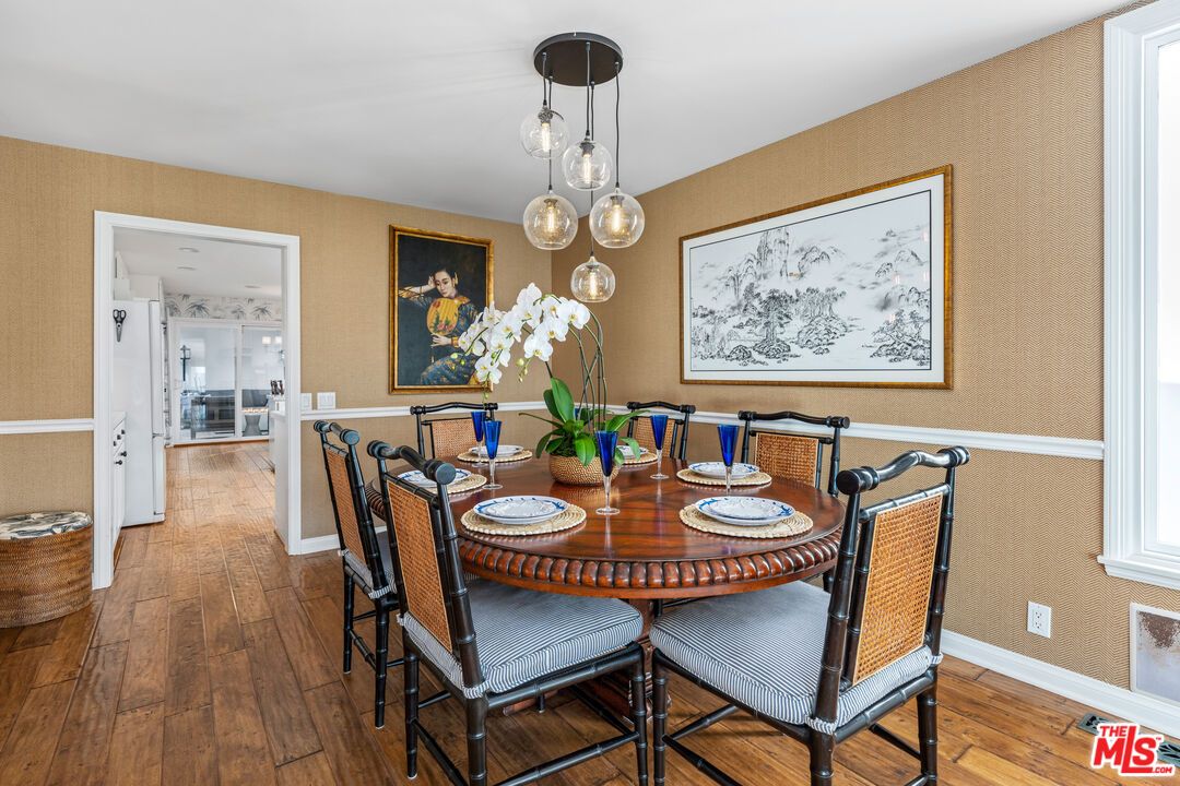 Dining room, Interior, Pendant Lights, Wood Texture Flooring