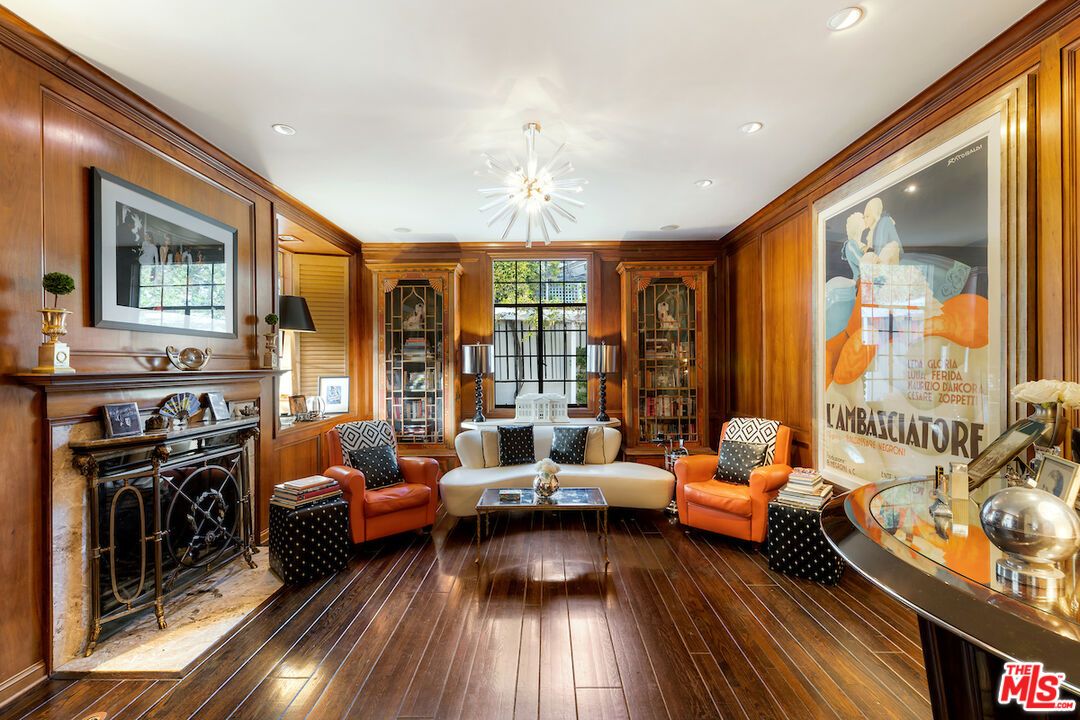 Fireplace, Interior, Living room, Recessed Lighting, Wood Texture Flooring, Wooden Walls