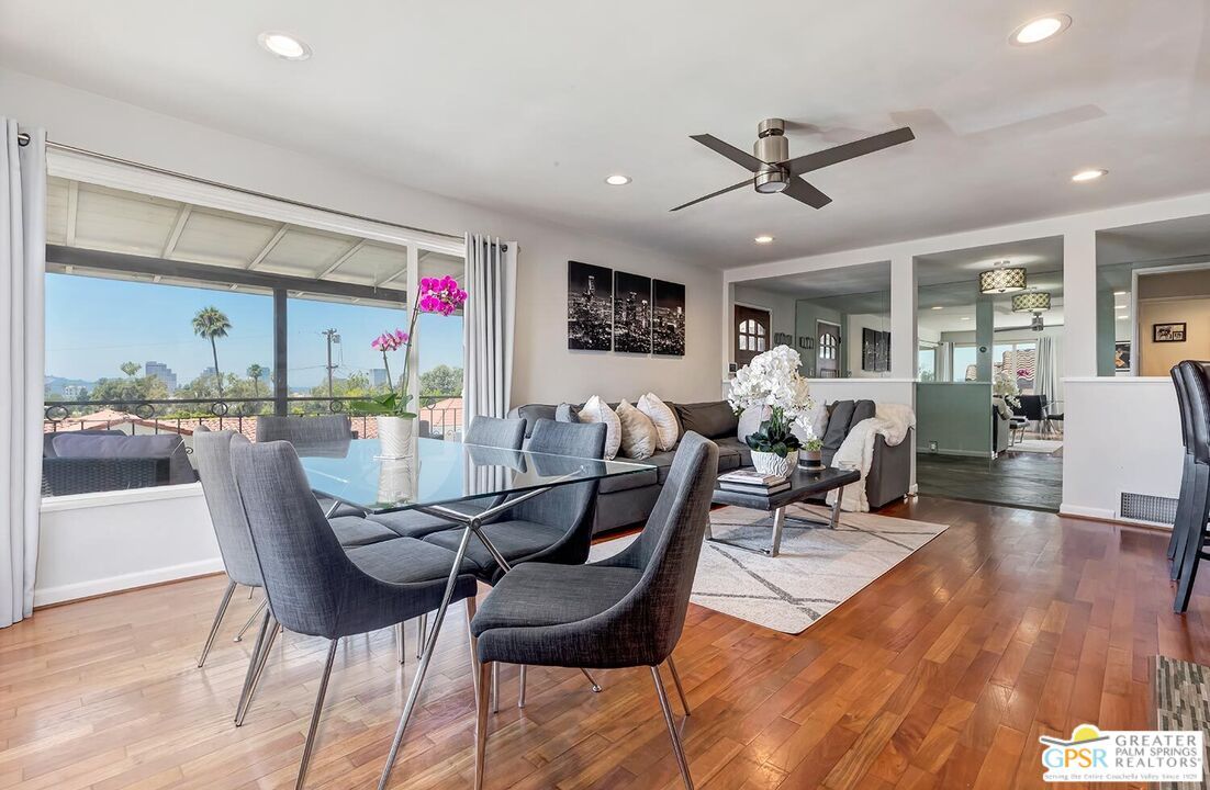 Dining room, Interior, Living room, Recessed Lighting, Wood Texture Flooring