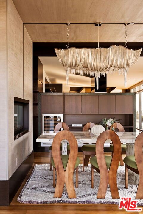 Dining room, Interior, Pendant Lights, Wood Texture Flooring