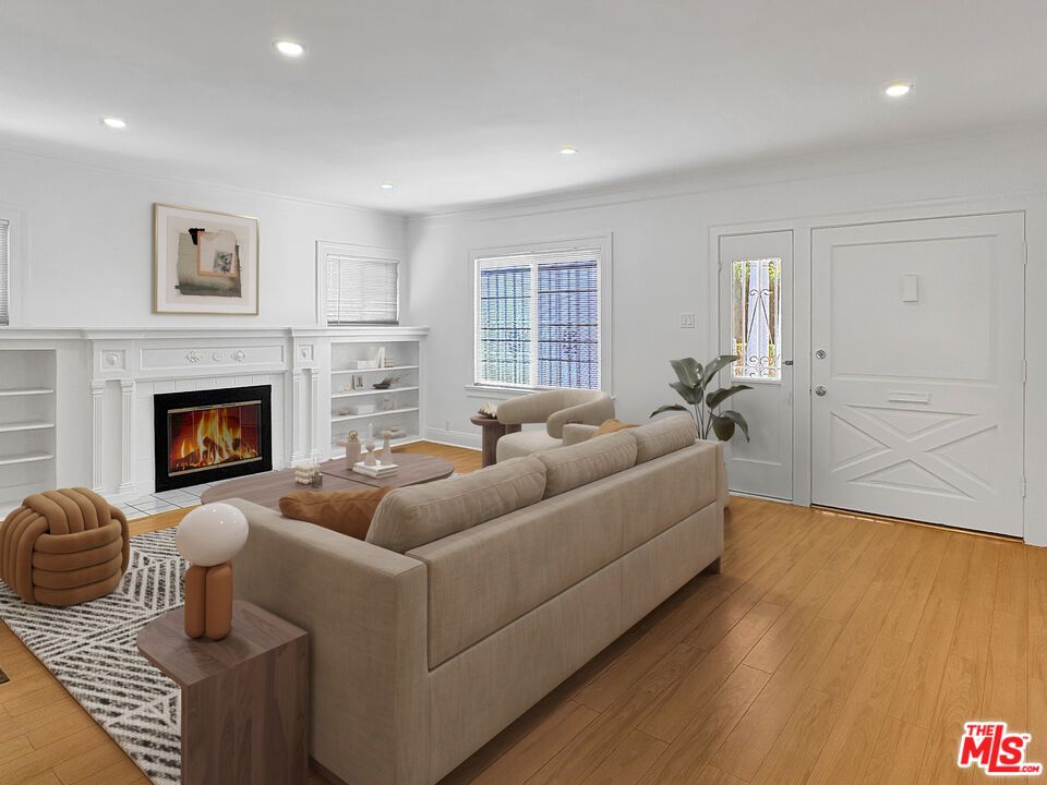 Fireplace, Interior, Living room, Recessed Lighting, Wood Texture Flooring