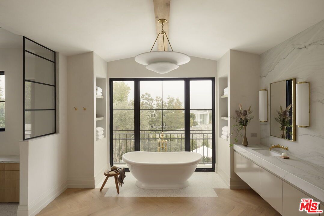 Bathroom, Free Standing Baths, Interior, Marble Walls, Wood Texture Flooring