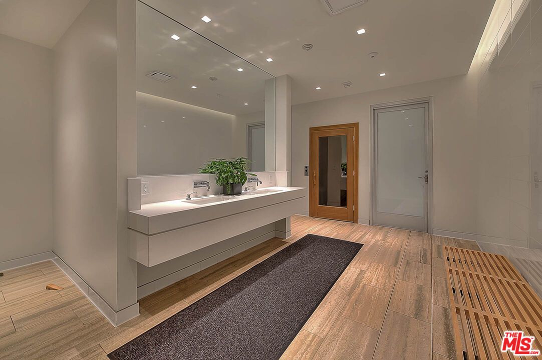 Bathroom, Dual Sink Vanities, Interior, Recessed Lighting, Wood Texture Flooring