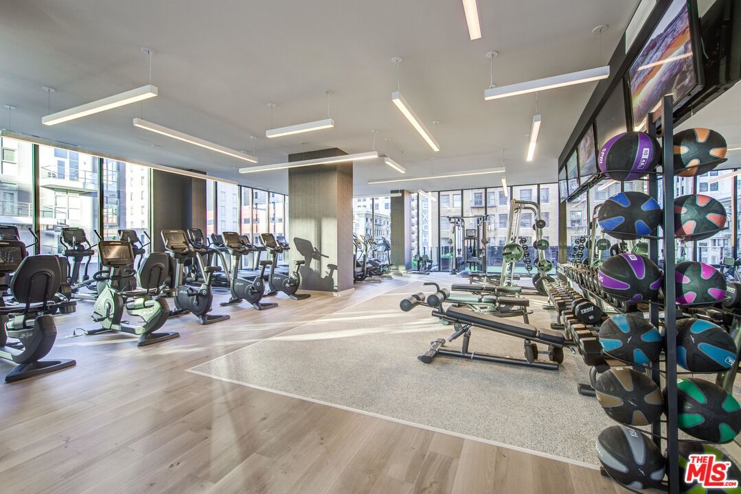 Fitness Equipment, Gym, Interior, Recessed Lighting, Wood Texture Flooring