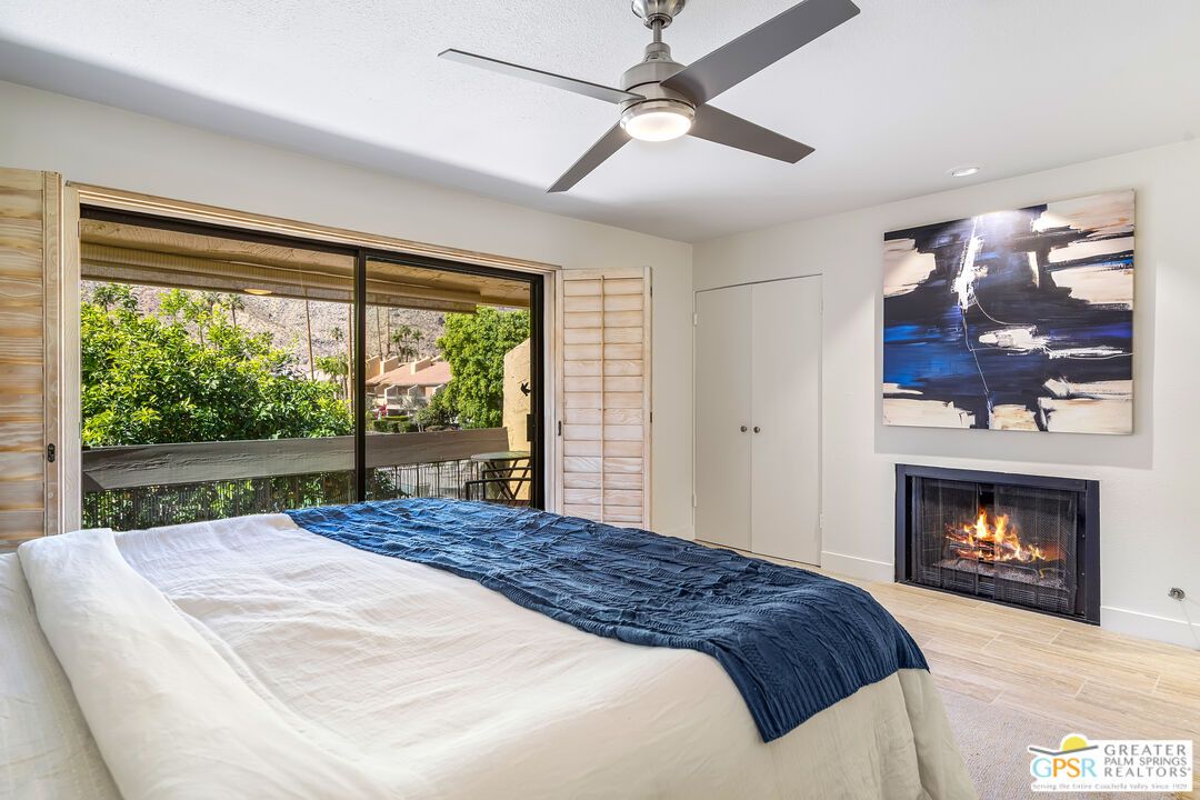 Bedroom, Fireplace, Interior, Recessed Lighting, Wood Texture Flooring