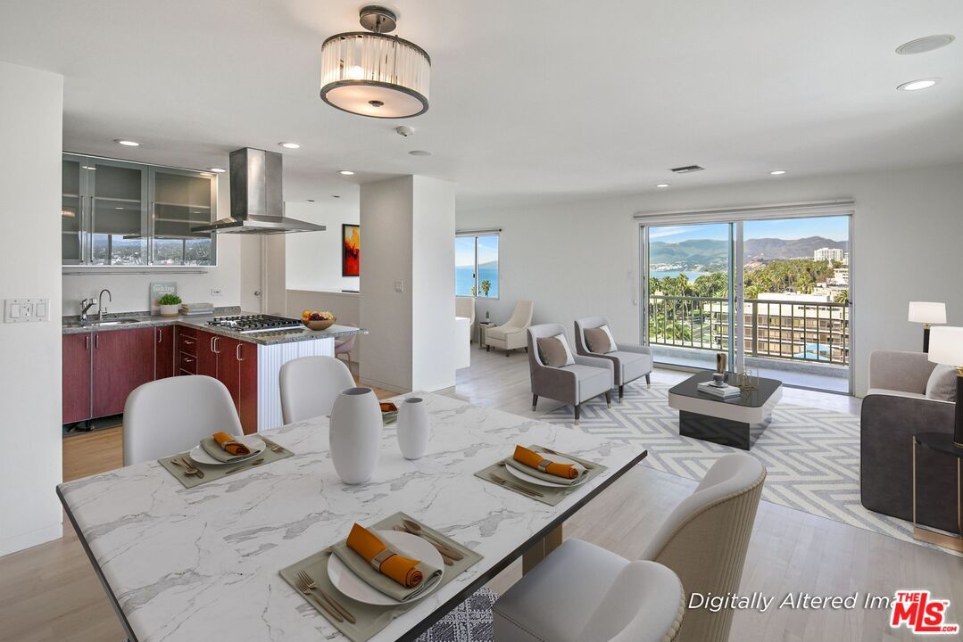 Dining room, Interior, Kitchen, Living room, Recessed Lighting, Stainless Steel Appliances, Wood Texture Flooring