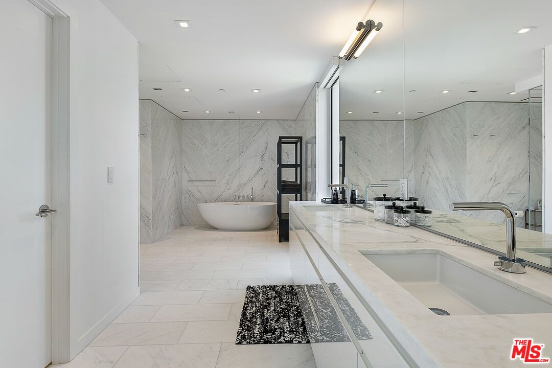 Bathroom, Dual Sink Vanities, Free Standing Baths, Interior, Marble, Marble Walls, Recessed Lighting