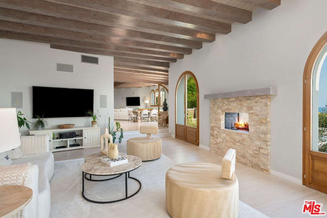 Dining room, Fireplace, Interior, Living room, Wooden Beams, Wooden Ceilings, Wood Texture Flooring