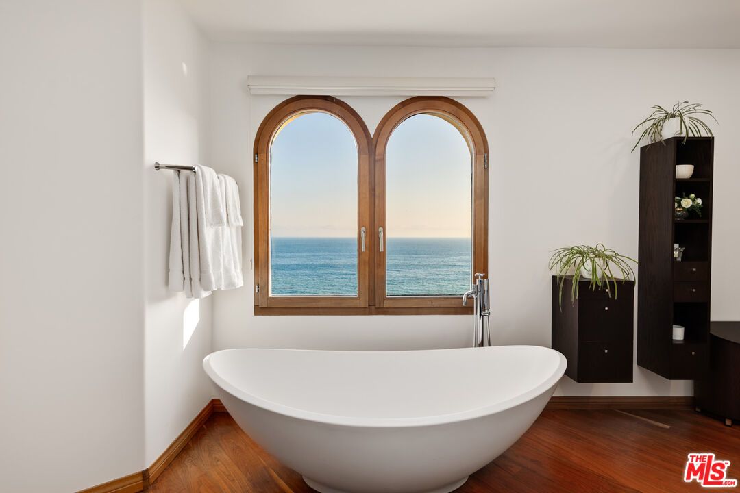 Bathroom, Free Standing Baths, Interior, Water, Wood Texture Flooring