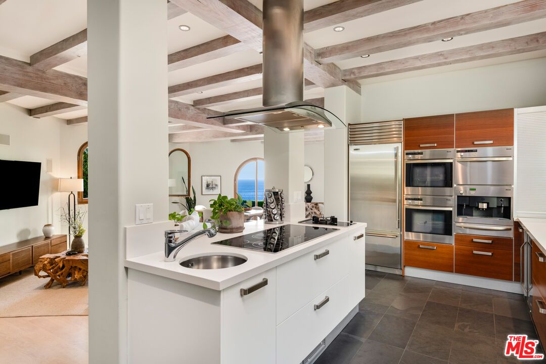 Interior, Kitchen, Recessed Lighting, Stainless Steel Appliances, Water, Wooden Beams