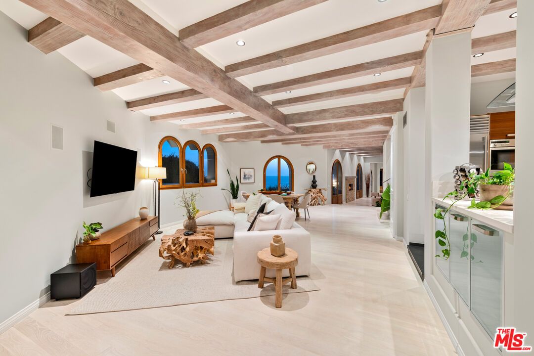 Interior, Living room, Recessed Lighting, Water, Wooden Beams, Wood Texture Flooring