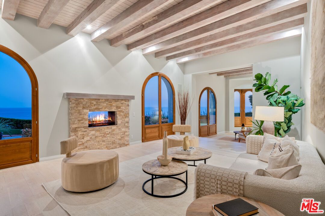 Fireplace, Interior, Living room, Stone Walls, Water, Wooden Beams, Wooden Ceilings, Wood Texture Flooring