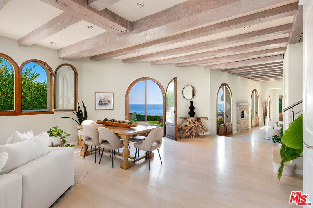 Dining room, Interior, Recessed Lighting, Water, Wooden Beams, Wood Texture Flooring