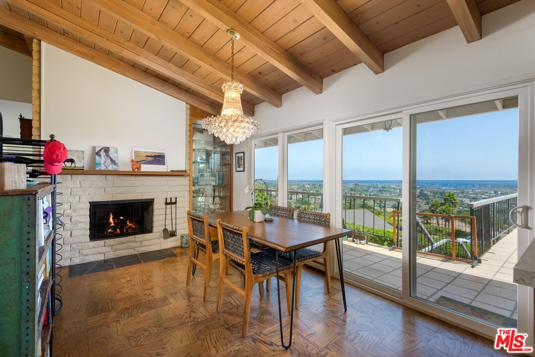 Chandelier, Dining room, Fireplace, Interior, Wooden Beams, Wooden Ceilings, Wood Texture Flooring