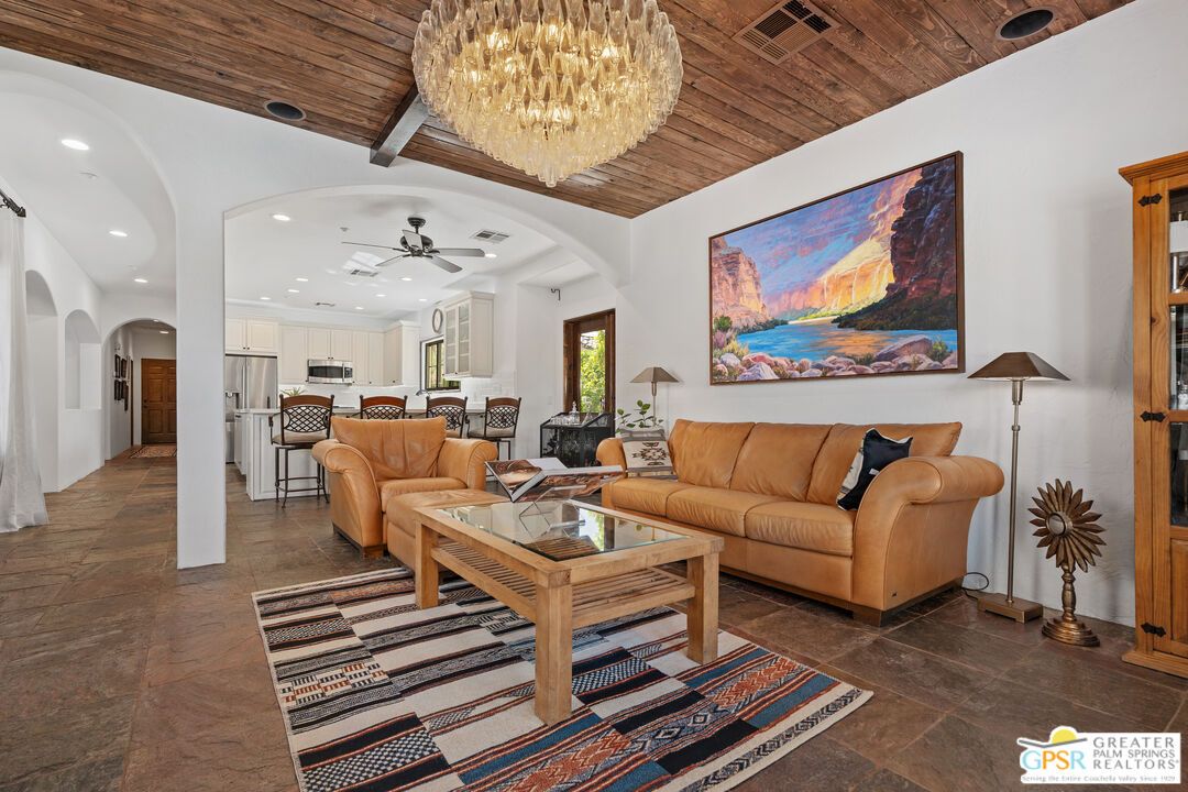 Chandelier, Interior, Kitchen, Living room, Recessed Lighting, Stainless Steel Appliances, Wooden Ceilings