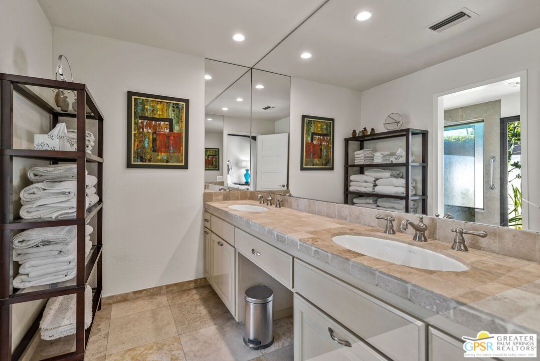 Bathroom, Dual Sink Vanities, Interior, Recessed Lighting, Tile Countertops