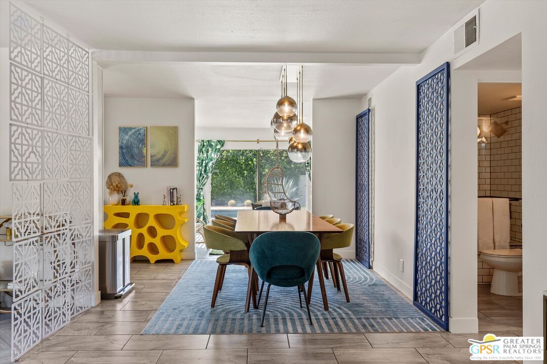 Dining room, Interior, Pendant Lights, Wood Texture Flooring