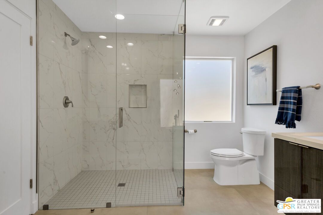 Bathroom, Glass Shower, Interior, Marble Walls, Recessed Lighting