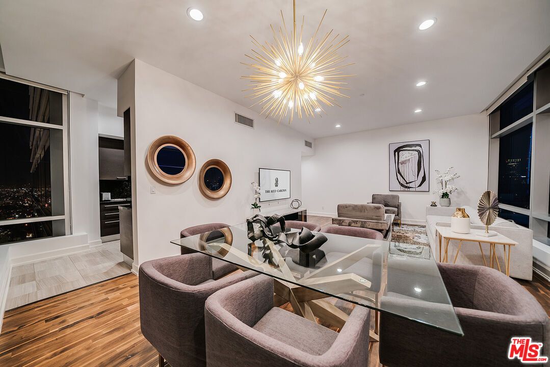 Dining room, Interior, Living room, Pendant Lights, Recessed Lighting, Wood Texture Flooring