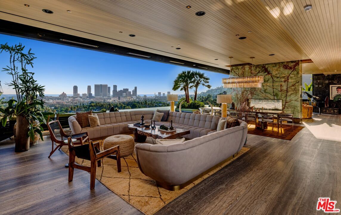 Chandelier, Fireplace, Interior, Living room, Recessed Lighting, Wooden Ceilings, Wood Texture Flooring