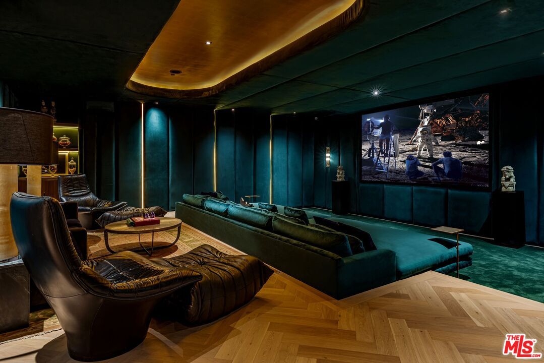 Interior, Projection Screen, Recessed Lighting, Theatre Room, Wood Texture Flooring
