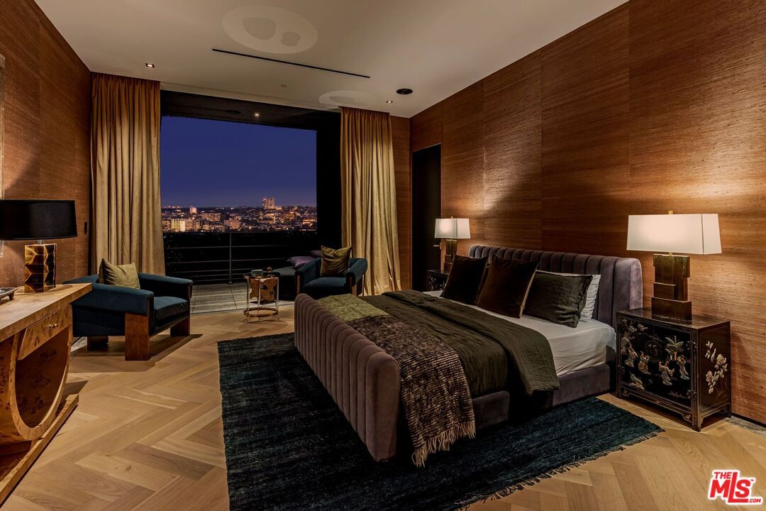 Bedroom, Interior, Recessed Lighting, Wood Texture Flooring, Wooden Walls