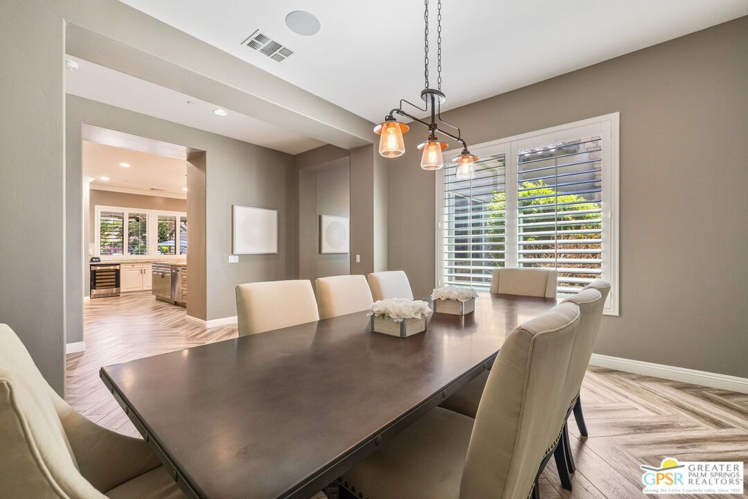Dining room, Interior, Pendant Lights, Recessed Lighting, Wood Texture Flooring