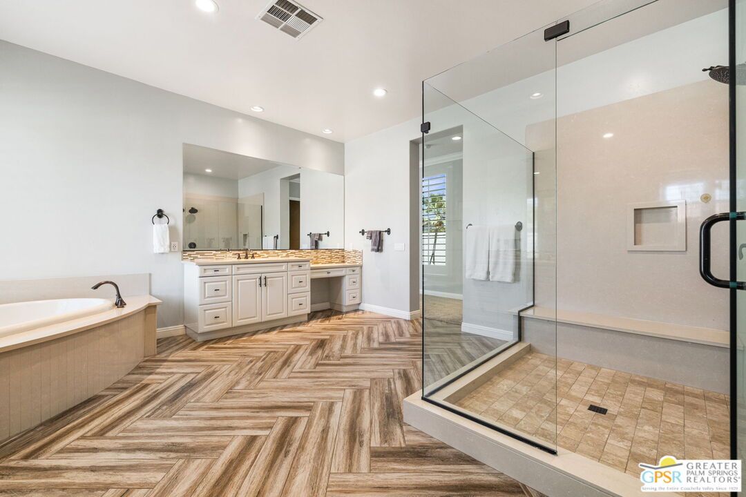 Bathroom, Dual Sink Vanities, Glass Shower, Interior, Recessed Lighting, Wood Texture Flooring