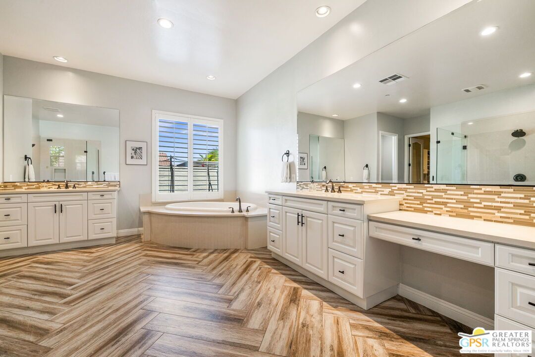 Bathroom, Dual Sink Vanities, Interior, Recessed Lighting, Wood Texture Flooring