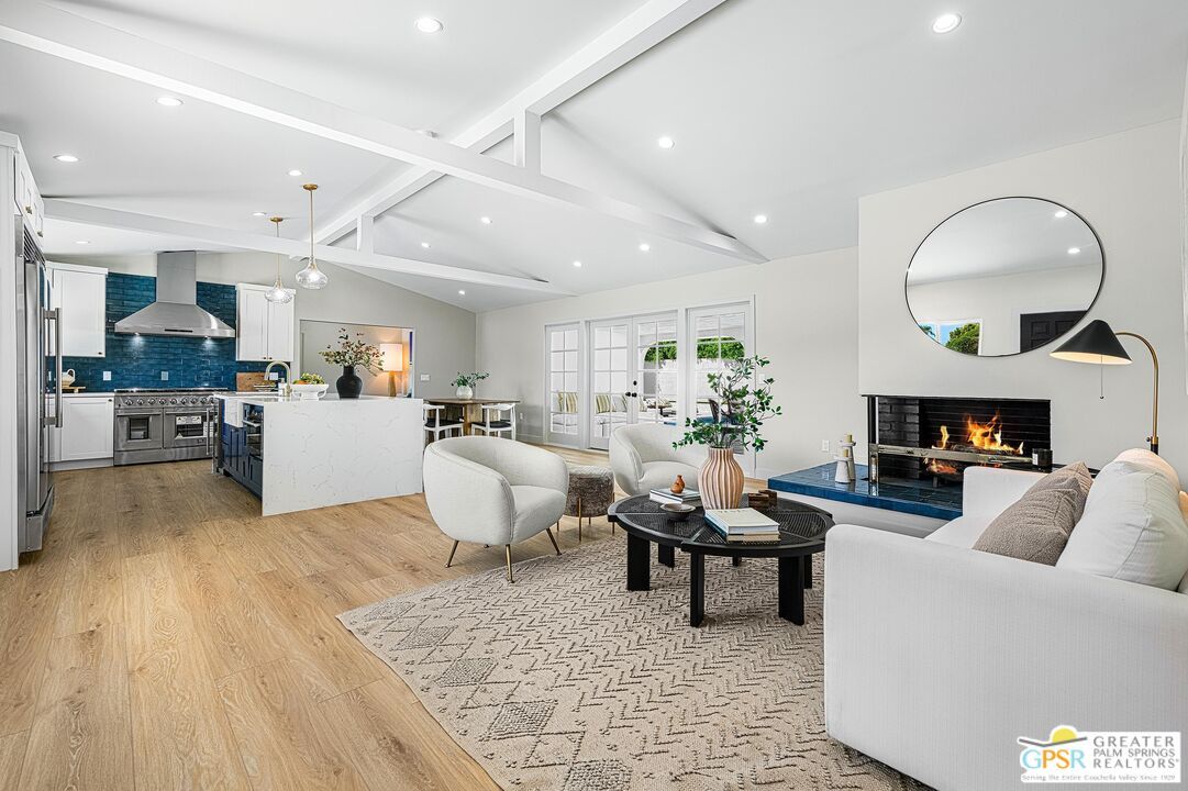 Fireplace, Interior, Kitchen, Living room, Pendant Lights, Recessed Lighting, Wood Texture Flooring