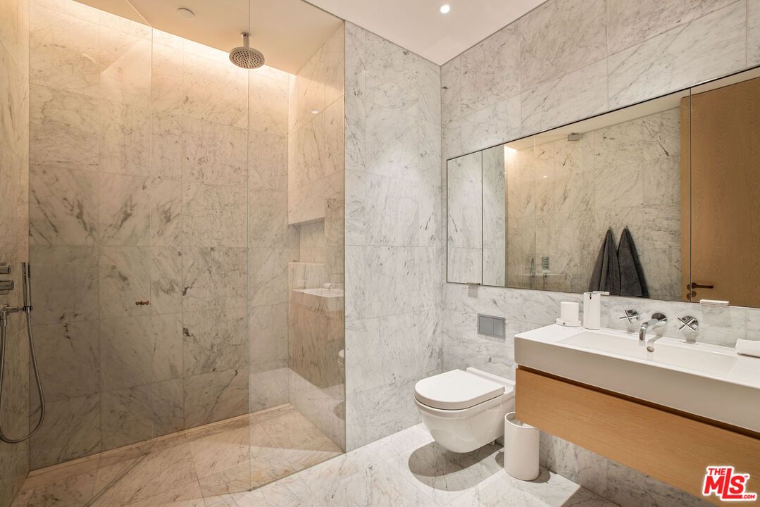Bathroom, Glass Shower, Interior, Marble, Marble Walls, Recessed Lighting