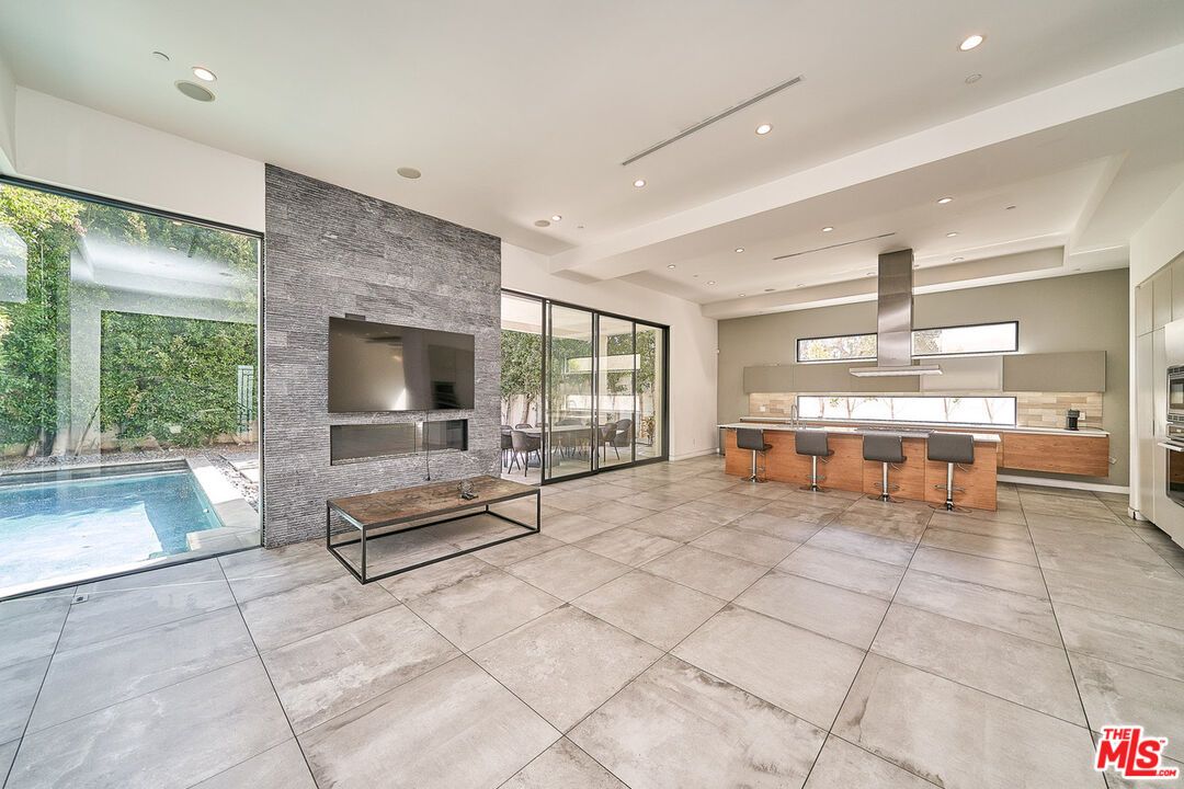 Fireplace, Interior, Kitchen, Living room, Recessed Lighting, Stone Walls