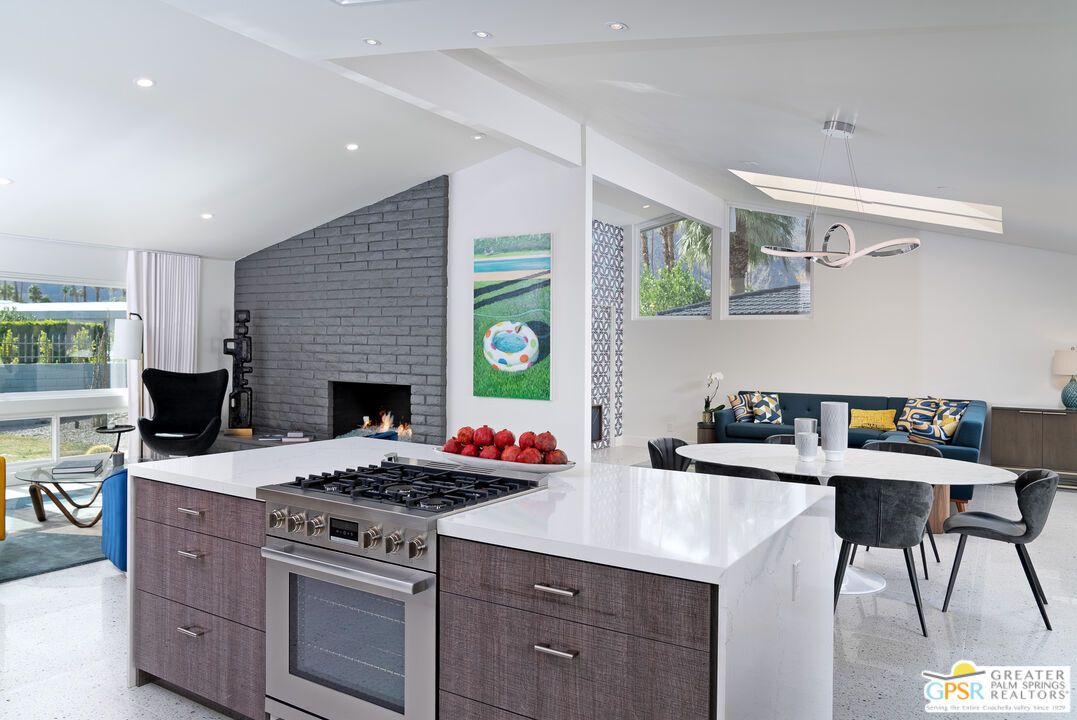 Dining room, Fireplace, Interior, Kitchen, Pendant Lights, Recessed Lighting, Stainless Steel Appliances, Stone Walls