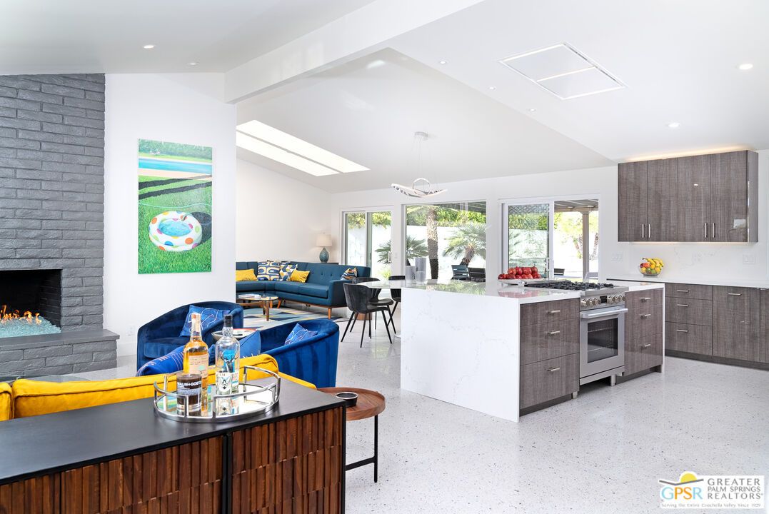 Fireplace, Interior, Kitchen, Living room, Pendant Lights, Recessed Lighting, Stone Walls