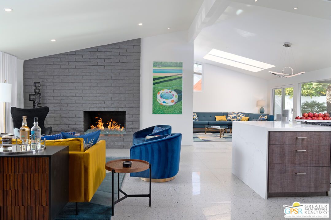 Fireplace, Interior, Living room, Pendant Lights, Recessed Lighting, Stone Walls