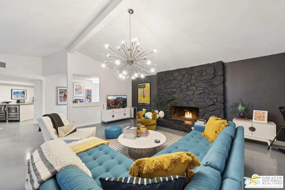 Fireplace, Interior, Living room, Pendant Lights, Stone Walls