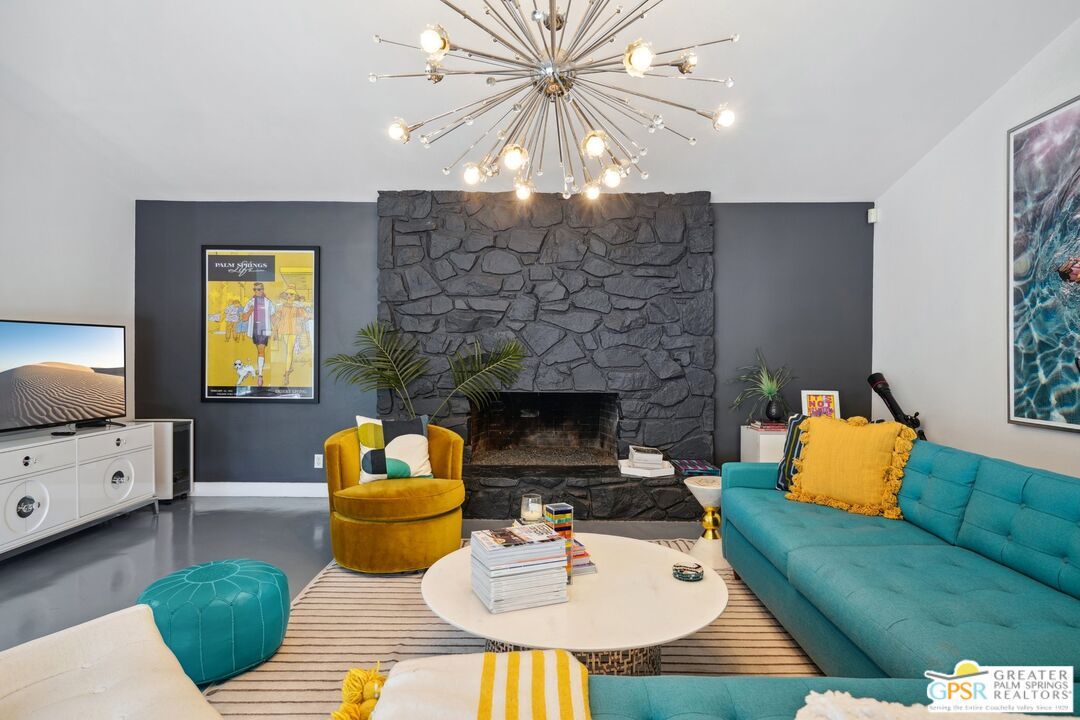 Fireplace, Interior, Living room, Pendant Lights, Stone Walls