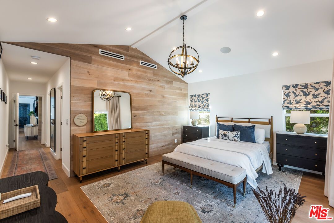 Bedroom, Chandelier, Interior, Pendant Lights, Recessed Lighting, Wood Texture Flooring, Wooden Walls