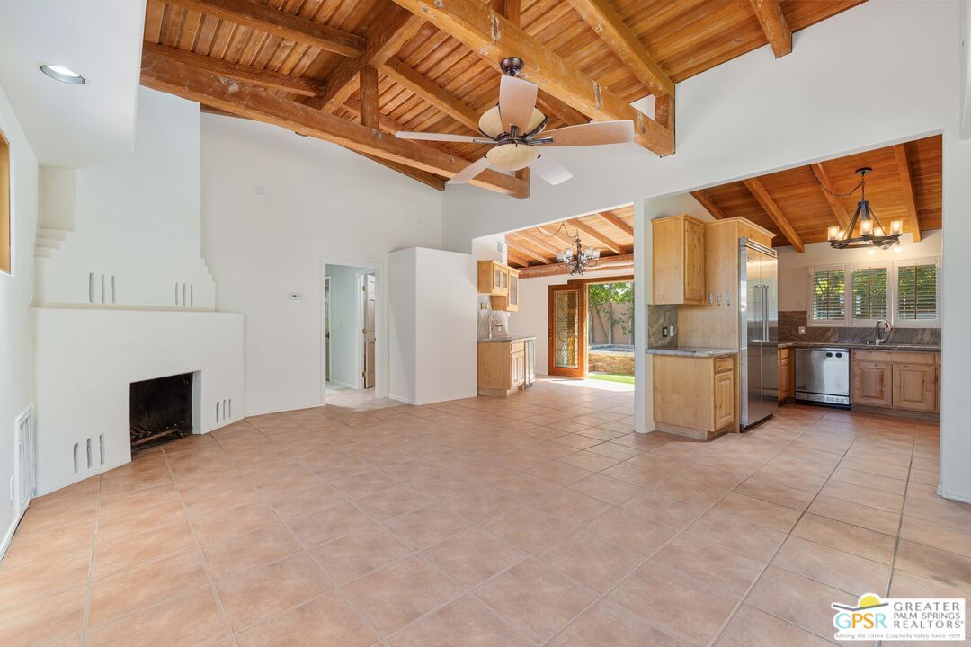 Fireplace, Interior, Kitchen, Recessed Lighting, Wooden Beams, Wooden Ceilings