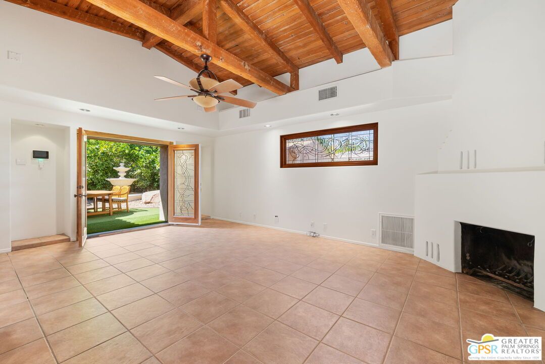 Empty room, Fireplace, Interior, Recessed Lighting, Wooden Beams, Wooden Ceilings